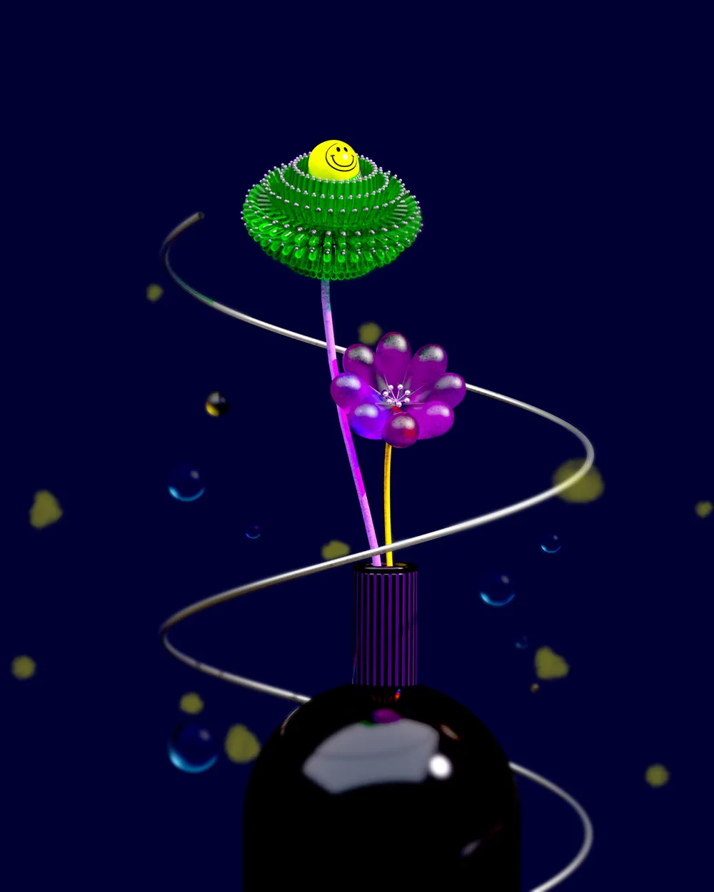 Neon flower and spiral, 3D render