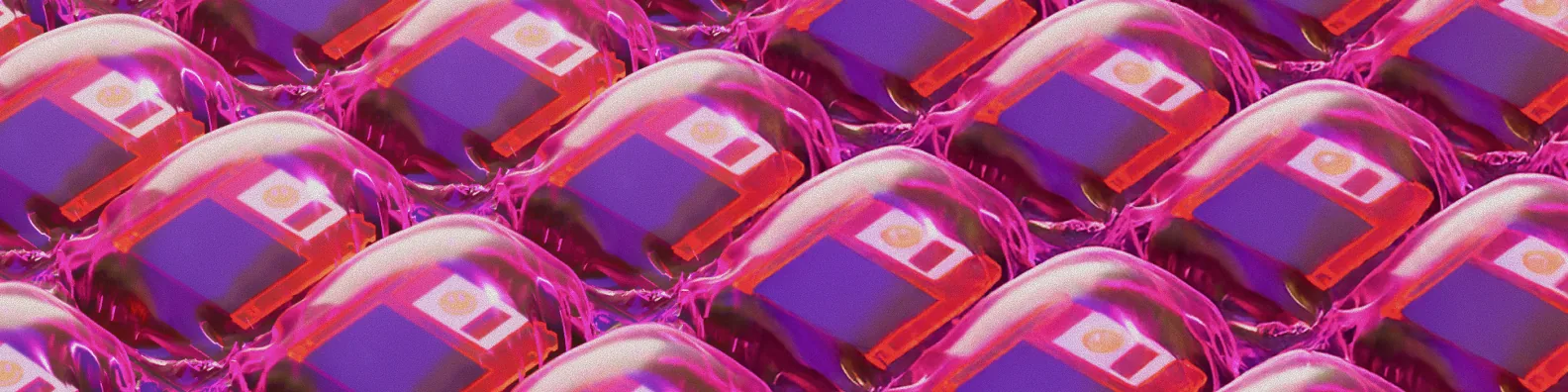 Rows of glossy pink jelly floppy disks, 3D render
