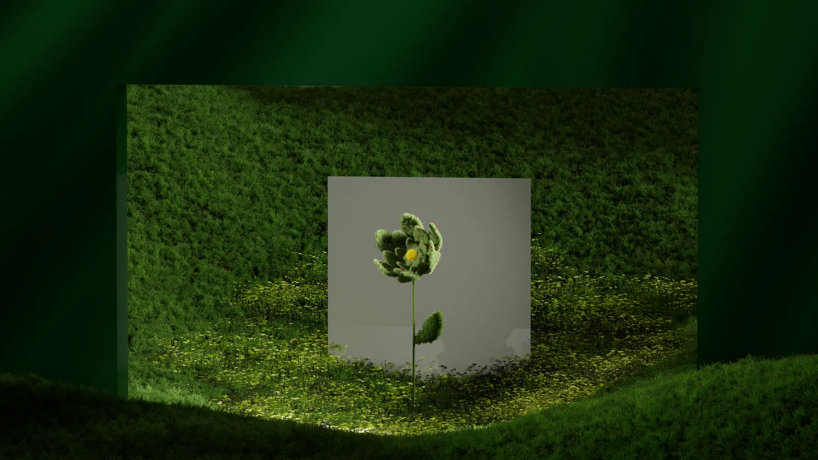 Moss flower inside a grass room, 3D render