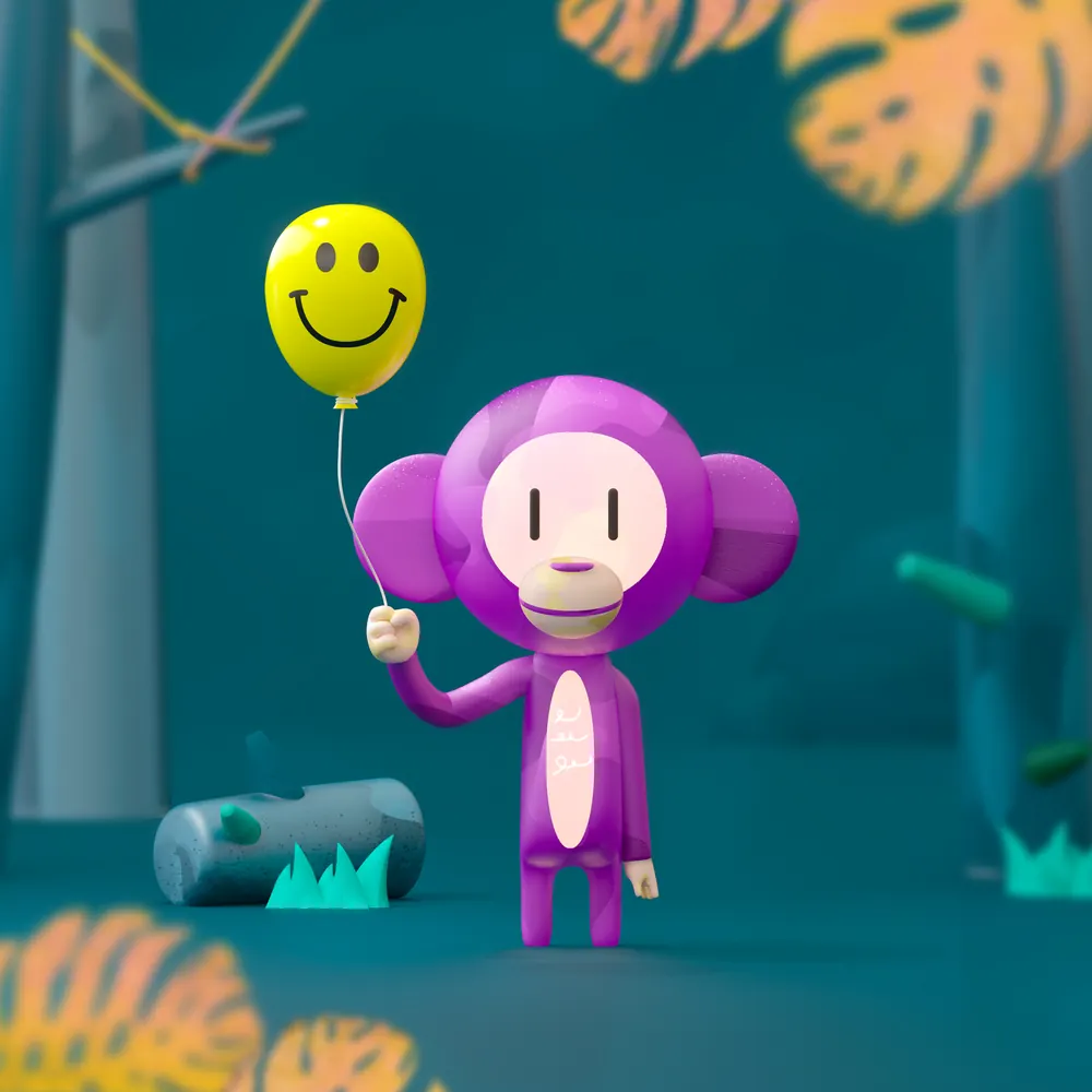 Purple monkey character holding a smiley balloon