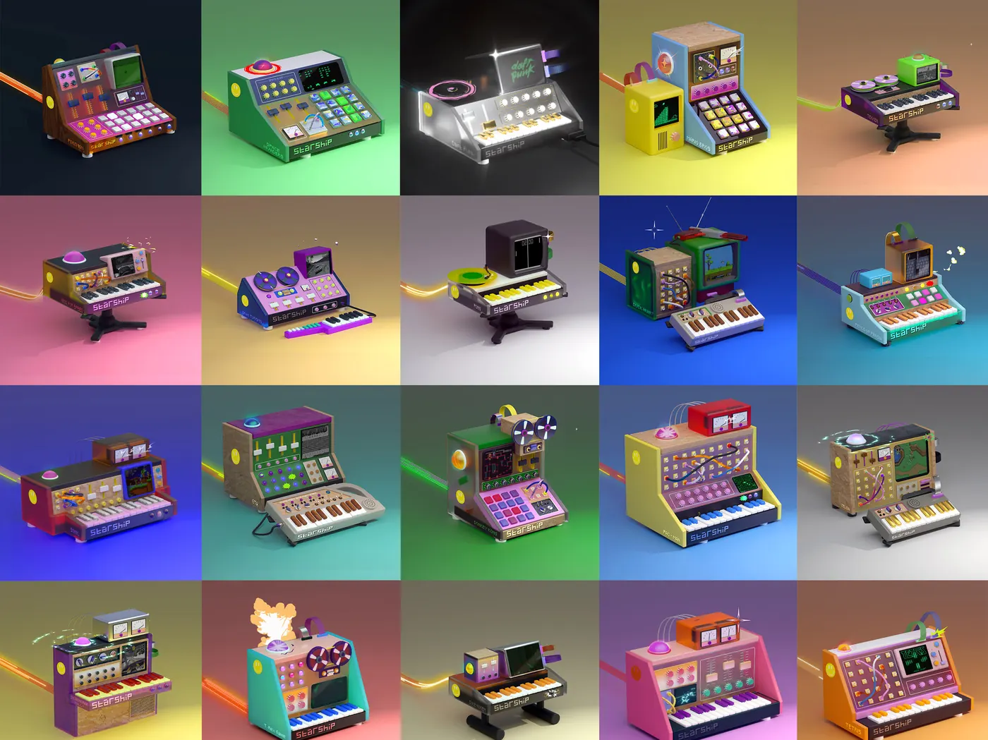 Grid of twenty colourful synthesizer collectibles